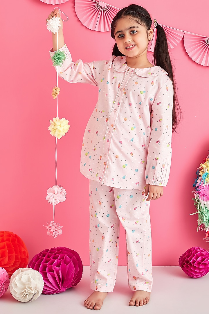 Pink Cotton Printed Night Suit For Girls by Giggle Buns at Pernia's Pop Up Shop