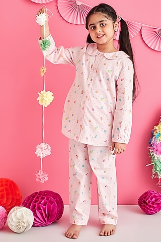 Pink Cotton Printed Night Suit For Girls by Giggle Buns