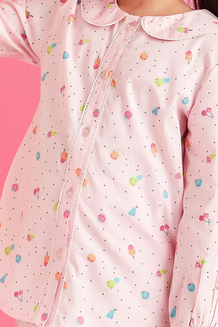 Pink Cotton Printed Night Suit For Girls by Giggle Buns at Pernia's Pop Up Shop