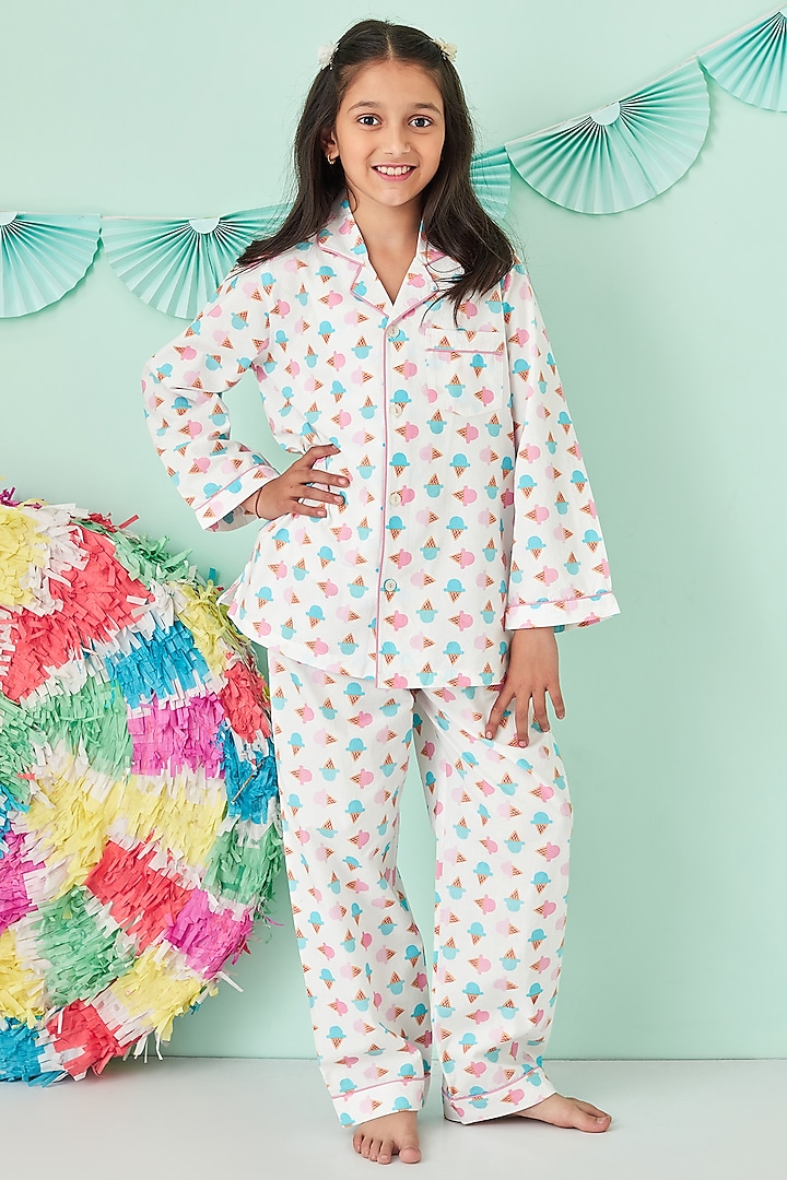 White Printed Night Suit For Girls by Giggle Buns