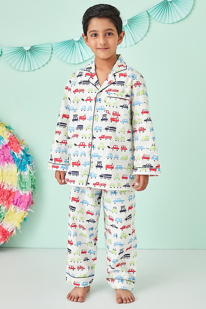 White Cotton Printed Night Suit For Boys by Giggle Buns