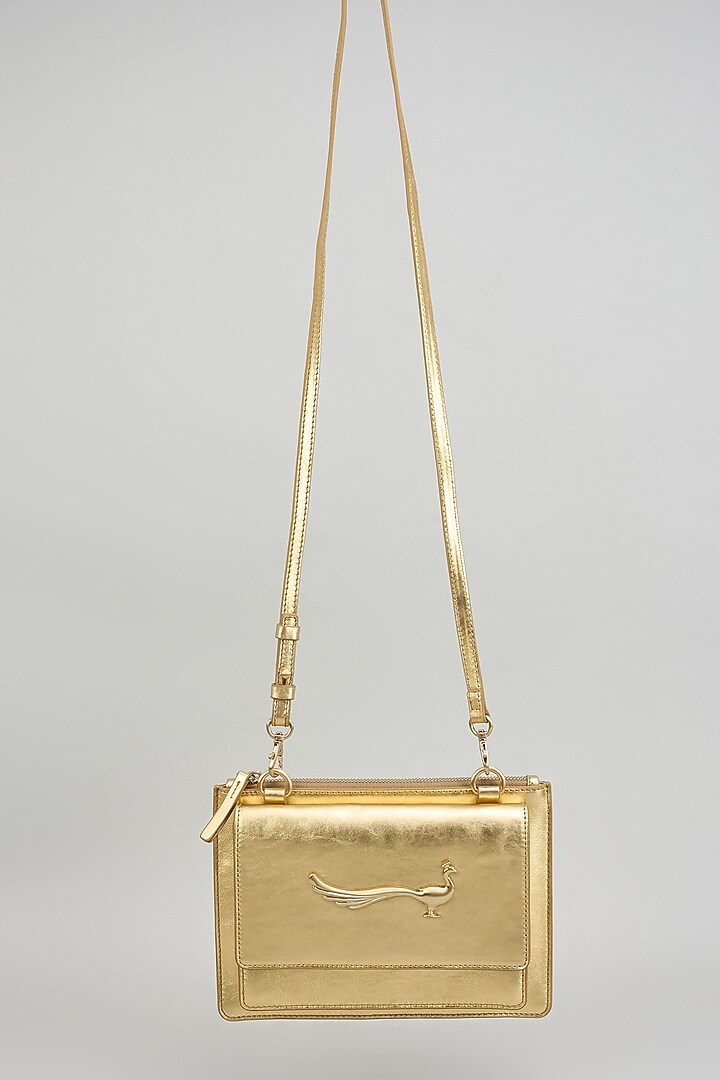 Gold Leather Flapover Cross Body Bag by GLA Accessories at Pernia's Pop Up Shop