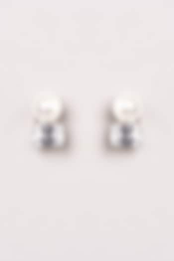 White Finish Pearl Stud Earrings by GOLDEN WINDOW
