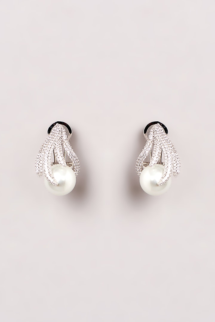 White Finish Zircon & Pearl Stud Earrings by GOLDEN WINDOW