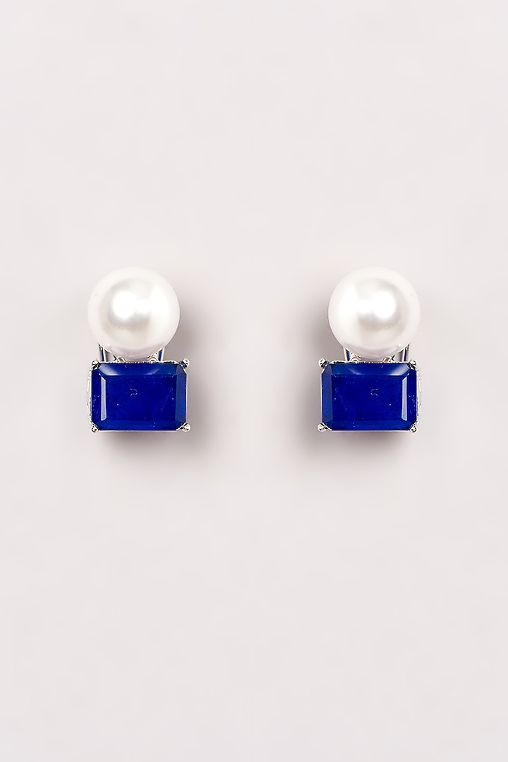 White Finish Pearl Stud Earrings by GOLDEN WINDOW