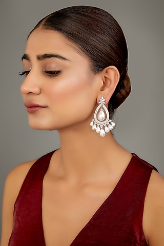 White Finish Zircon & Pearl Dangler Earrings by GOLDEN WINDOW