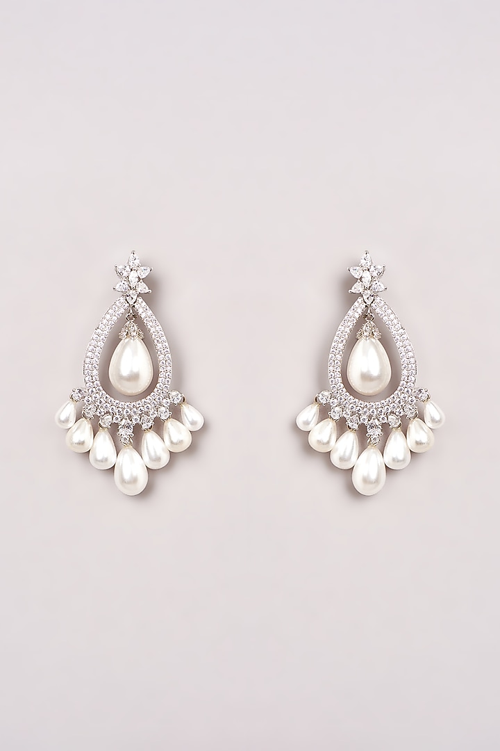 White Finish Zircon & Pearl Dangler Earrings by GOLDEN WINDOW at Pernia's Pop Up Shop