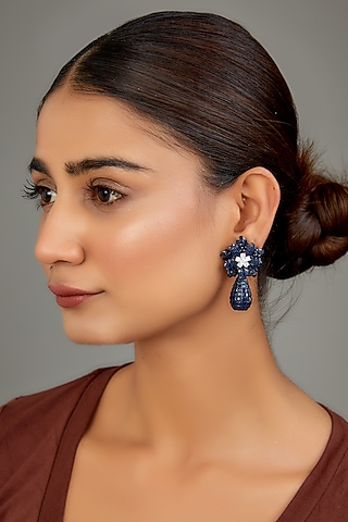 White Finish Blue Zircon Dangler Earrings by GOLDEN WINDOW