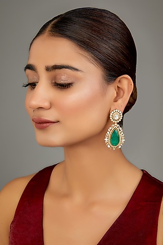 Gold Finish Kundan Polki & Green Stone Dangler Earrings by GOLDEN WINDOW