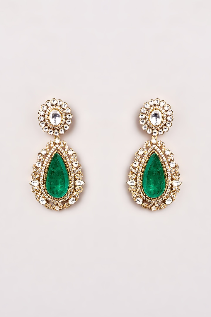 Gold Finish Kundan Polki & Green Stone Dangler Earrings by GOLDEN WINDOW at Pernia's Pop Up Shop