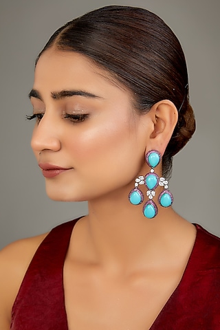 White Finish Blue Semi-Precious Stone & Zircon Dangler Earrings by GOLDEN WINDOW