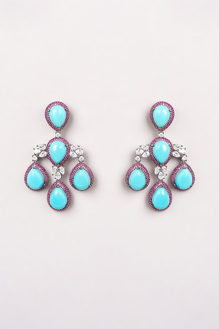 White Finish Blue Semi-Precious Stone & Zircon Dangler Earrings by GOLDEN WINDOW at Pernia's Pop Up Shop