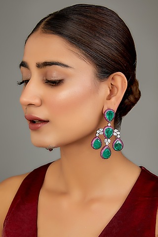White Finish Green Semi-Precious Stone & Zircon Dangler Earrings by GOLDEN WINDOW