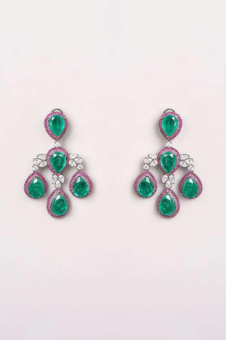 White Finish Green Semi-Precious Stone & Zircon Dangler Earrings by GOLDEN WINDOW at Pernia's Pop Up Shop