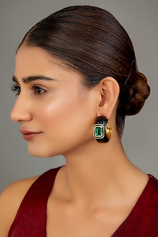 Gold Finish Swarovski Black Enamelled Hoop Earrings by GOLDEN WINDOW