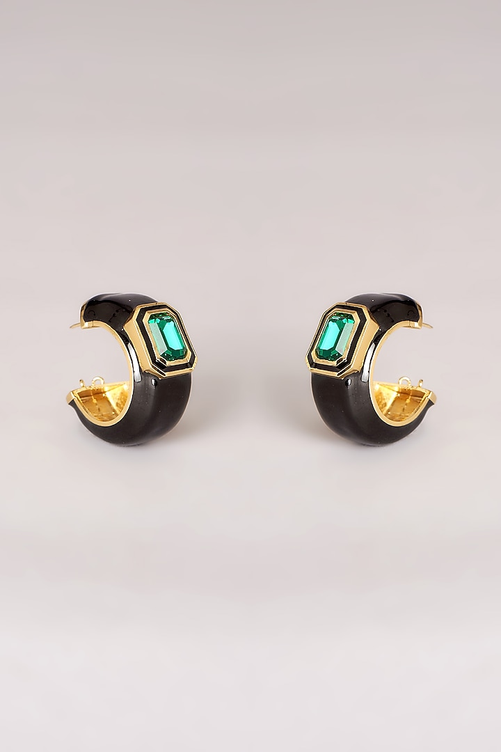 Gold Finish Swarovski Black Enamelled Hoop Earrings by GOLDEN WINDOW at Pernia's Pop Up Shop