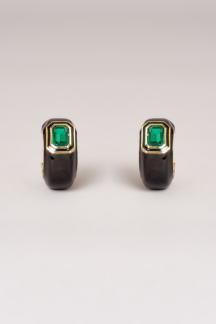 Gold Finish Swarovski Black Enamelled Hoop Earrings by GOLDEN WINDOW at Pernia's Pop Up Shop