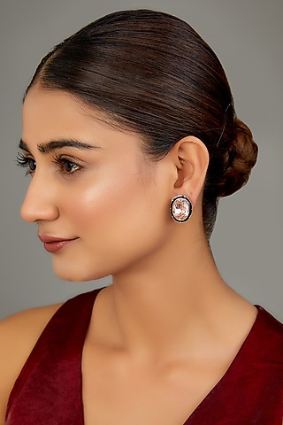 Black Enamelled Brown Swarovski Stud Earrings by GOLDEN WINDOW