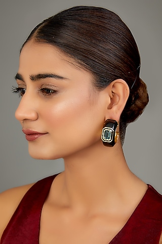 Gold Finish Swarovski Black Enamelled Hoop Earrings by GOLDEN WINDOW