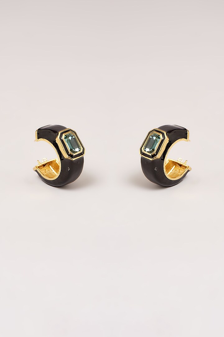 Gold Finish Swarovski Black Enamelled Hoop Earrings by GOLDEN WINDOW at Pernia's Pop Up Shop