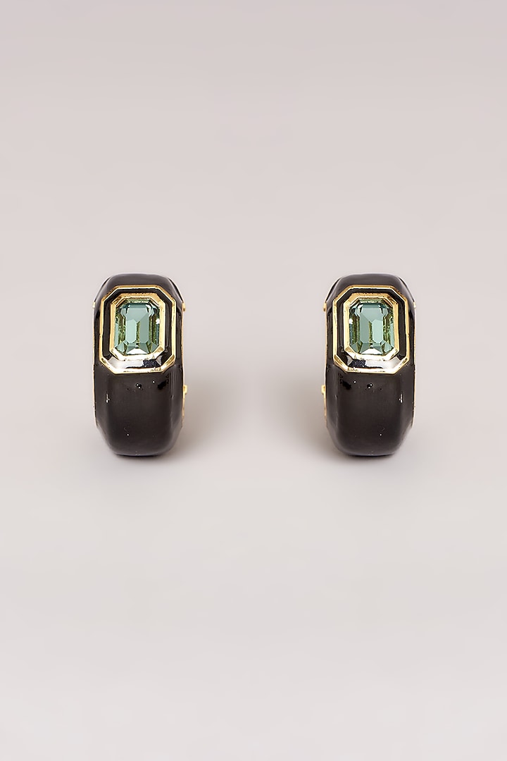 Gold Finish Swarovski Black Enamelled Hoop Earrings by GOLDEN WINDOW at Pernia's Pop Up Shop