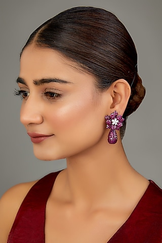 White Finish Pink Zircon Dangler Earrings by GOLDEN WINDOW