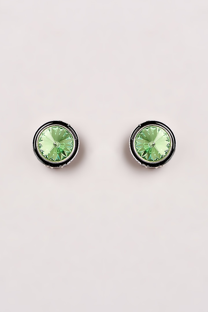 Black Finish Enamelled Green Swarovski Stud Earrings by GOLDEN WINDOW