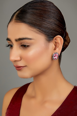 Black Enamelled Pink Swarovski Stud Earrings by GOLDEN WINDOW