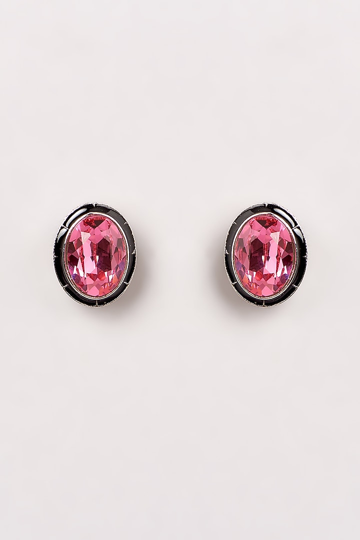 Black Enamelled Pink Swarovski Stud Earrings by GOLDEN WINDOW at Pernia's Pop Up Shop