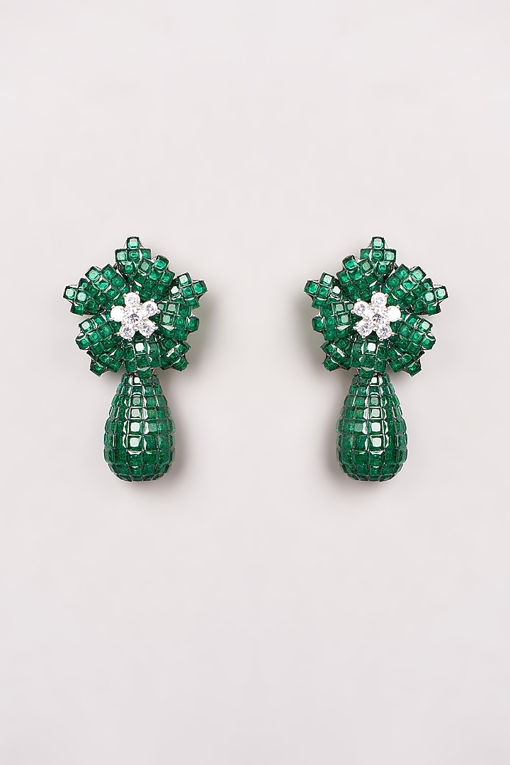 White Finish Green Swarovski Enamelled Floral Dangler Earrings by GOLDEN WINDOW at Pernia's Pop Up Shop