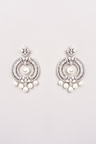 White Finish Zircon & Pearl Dangler Earrings by GOLDEN WINDOW
