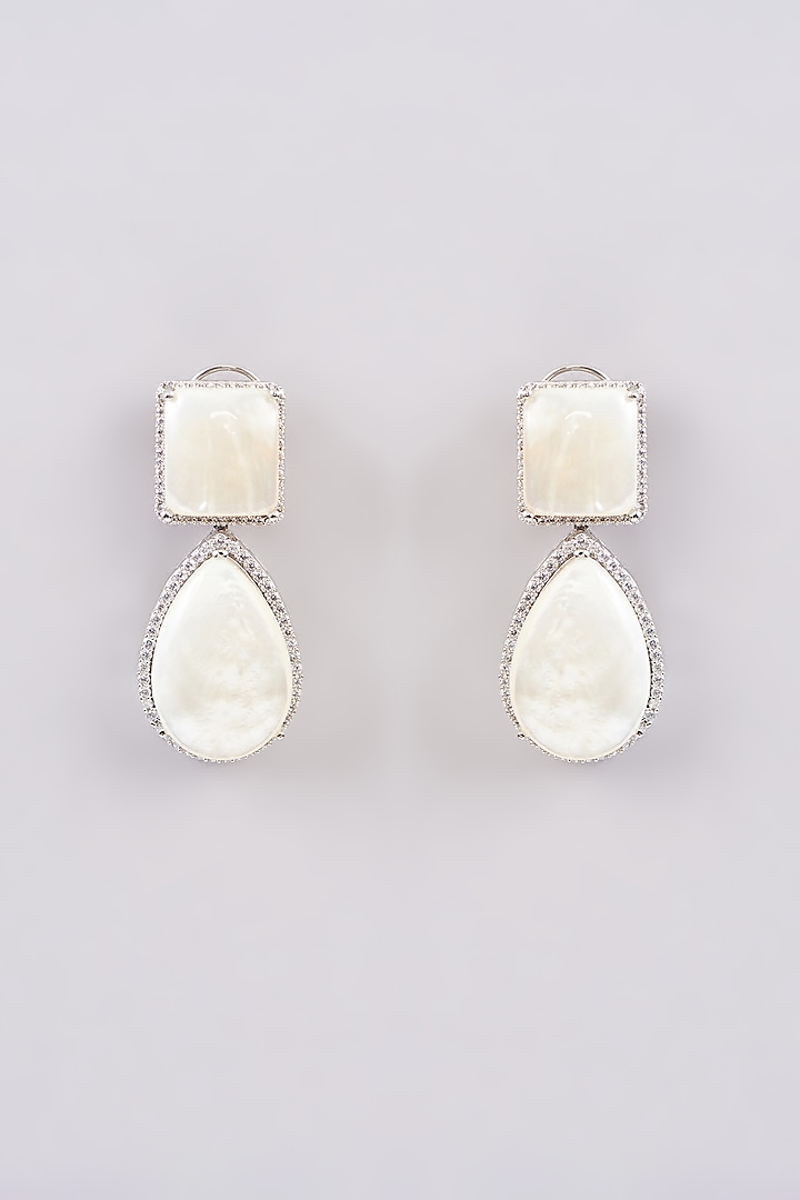 White Finish Pearl & Stone Dangler Earrings by GOLDEN WINDOW