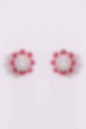 White Finish Red Zircon Stud Earrings by GOLDEN WINDOW