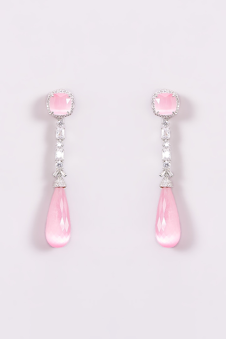 White Finish Pink Zircon Dangler Earrings by GOLDEN WINDOW