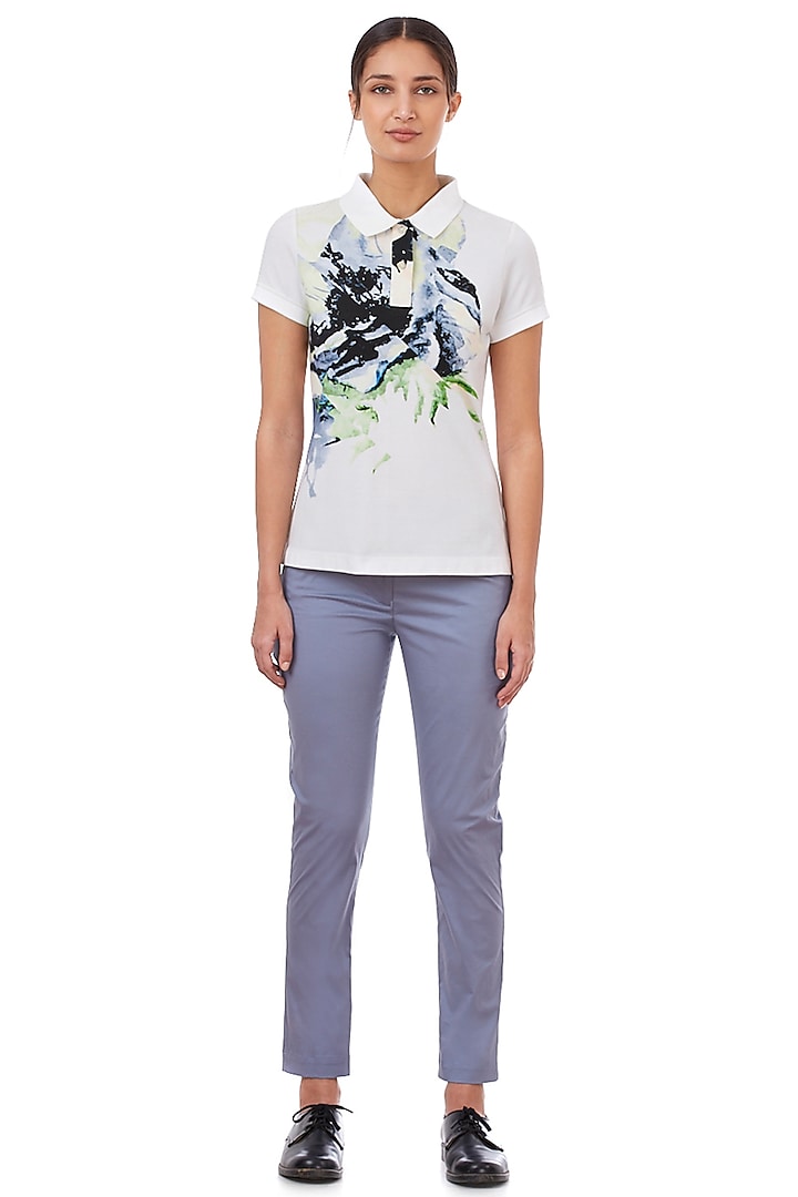 White Floral Printed Polo Shirt by Genes Lecoanet Hemant