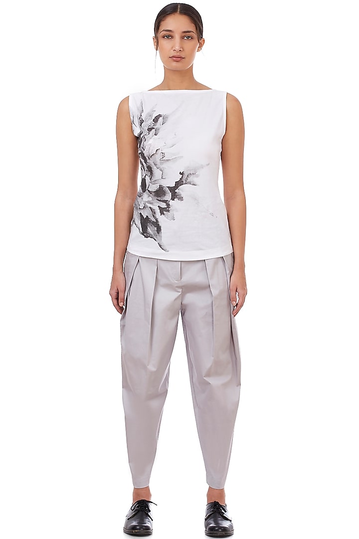 White Floral Printed Top by Genes Lecoanet Hemant