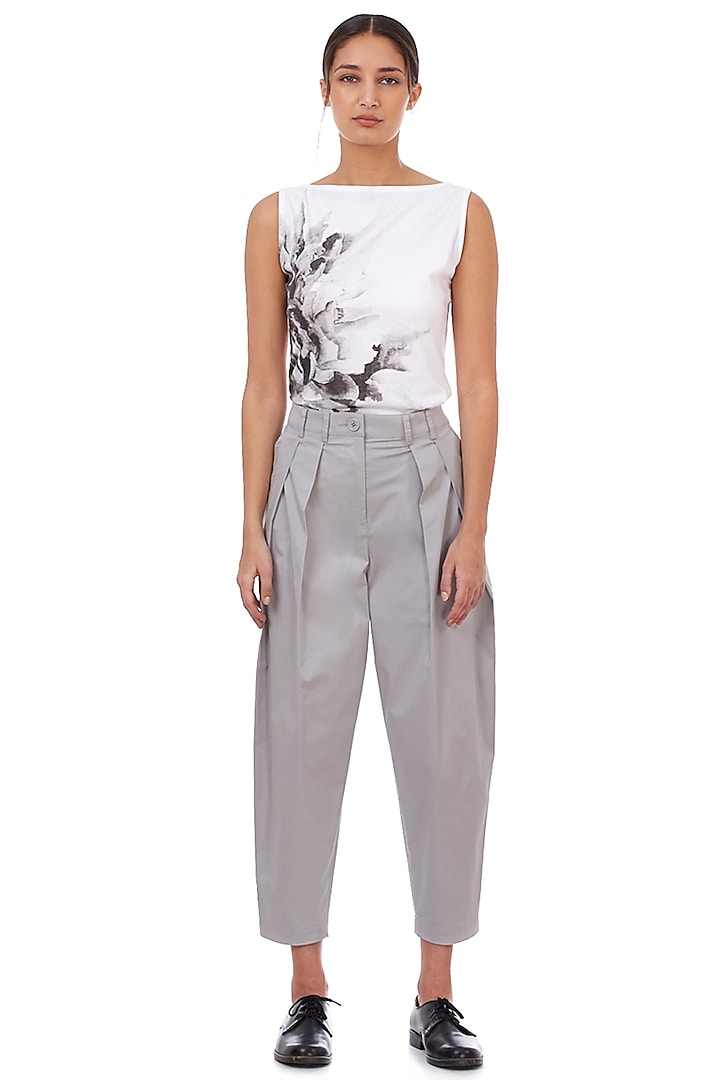 Light Grey Twill Pleated Pants by Genes Lecoanet Hemant at Pernia's Pop Up Shop