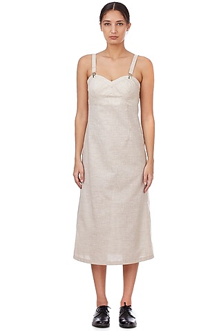 Beige Pinstriped Midi Corset Dress by Genes Lecoanet Hemant
