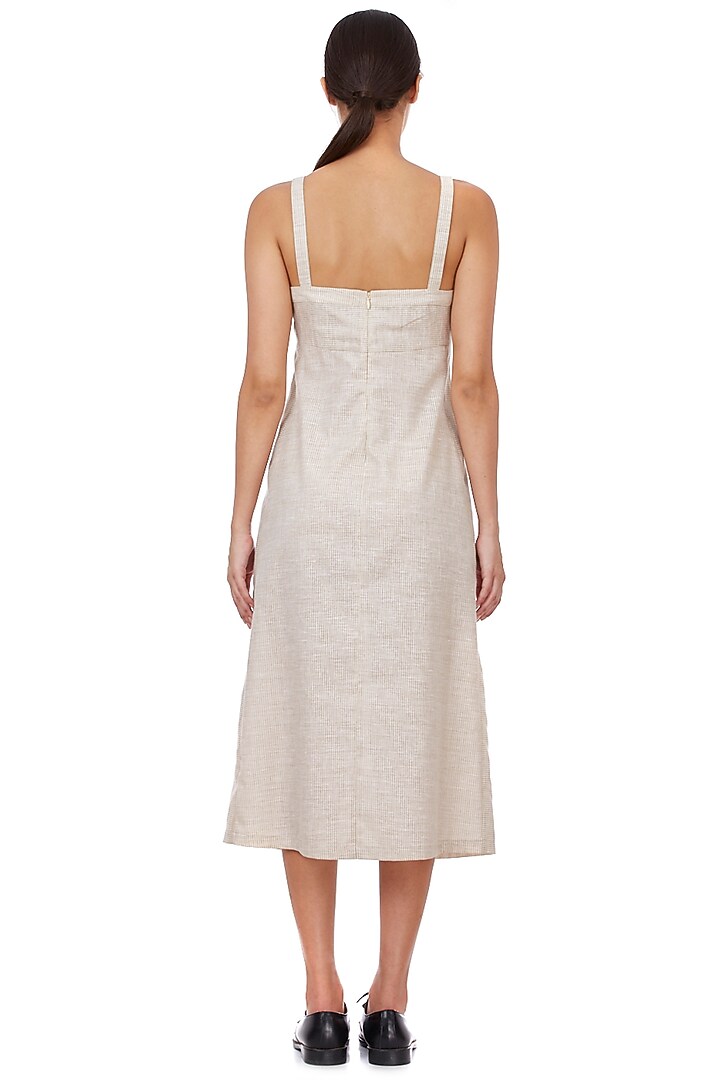 Beige Pinstriped Midi Corset Summer Dress by Genes Lecoanet Hemant at Pernia's Pop Up Shop