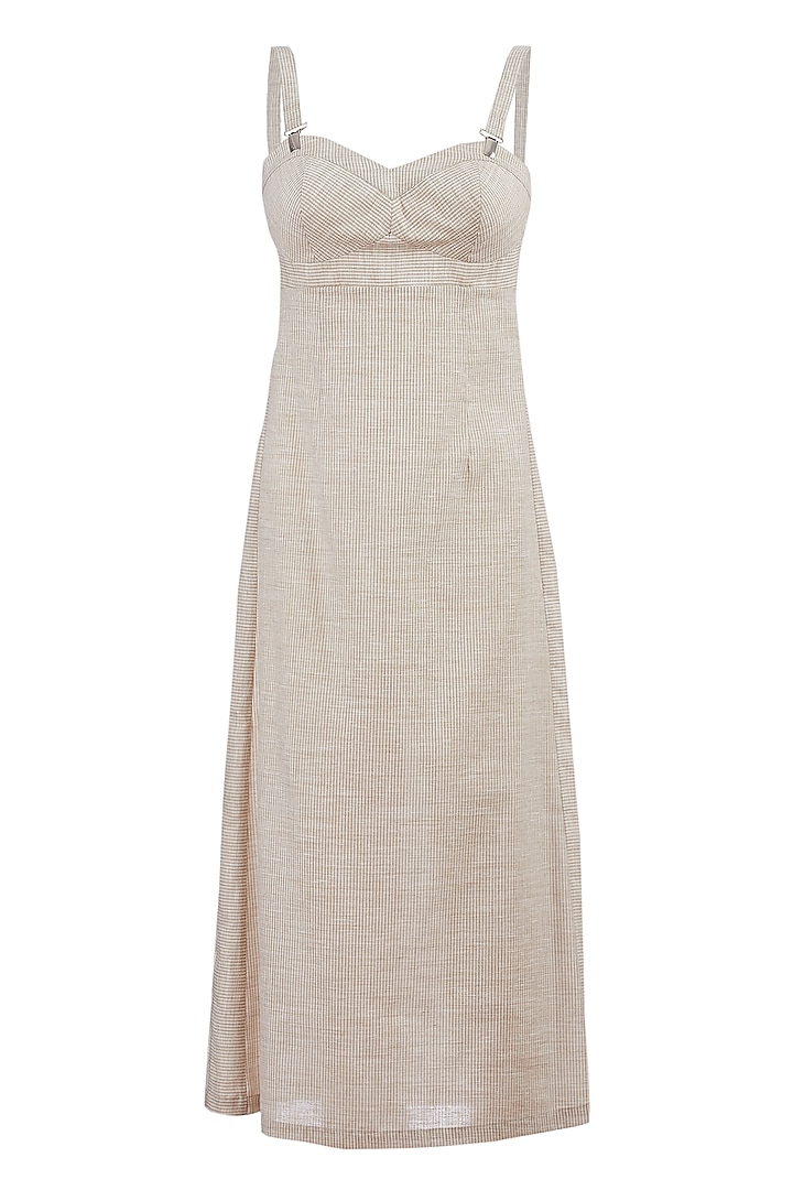 Beige Pinstriped Midi Corset Summer Dress by Genes Lecoanet Hemant at Pernia's Pop Up Shop