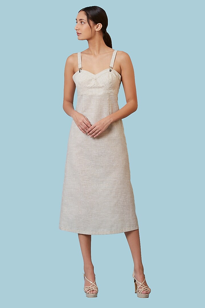 Beige Pinstriped Midi Corset Summer Dress by Genes Lecoanet Hemant at Pernia's Pop Up Shop