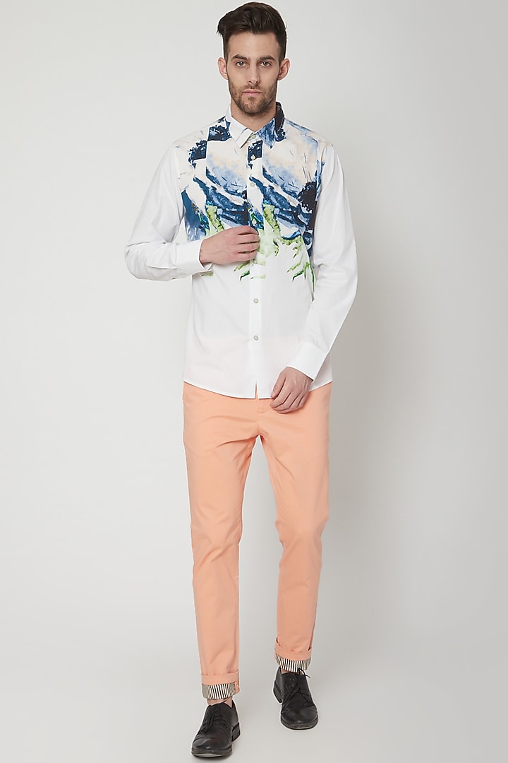 White Party Wear Shirt WIth Abstract Floral Print by Genes Lecoanet Hemant Men at Pernia's Pop Up Shop