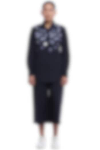 Navy Sequin Embroidered Shirt by Genes Lecoanet Hemant