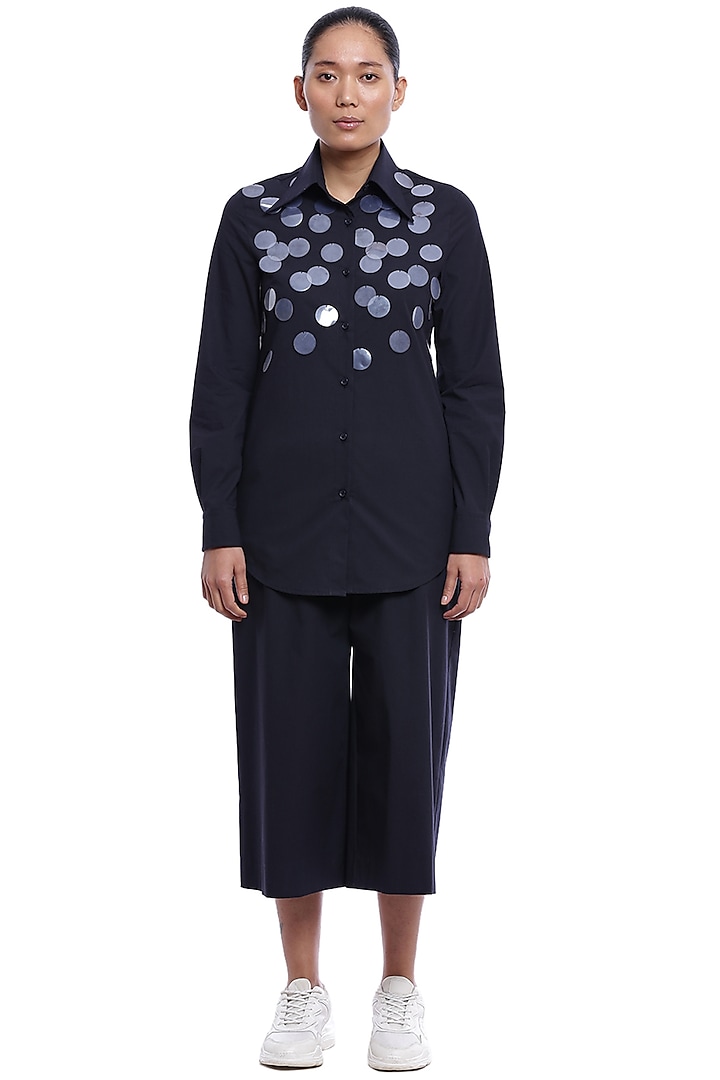 Navy Sequin Embroidered Shirt by Genes Lecoanet Hemant