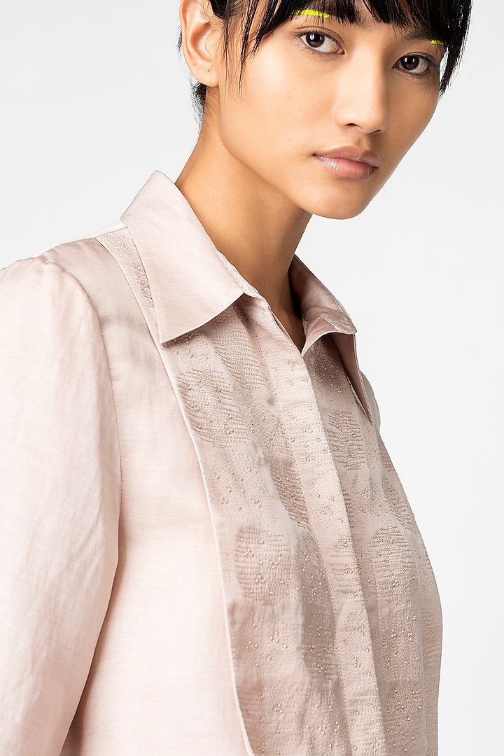 Goan Sand Satin Embroidered Shirt by Genes Lecoanet Hemant at Pernia's Pop Up Shop