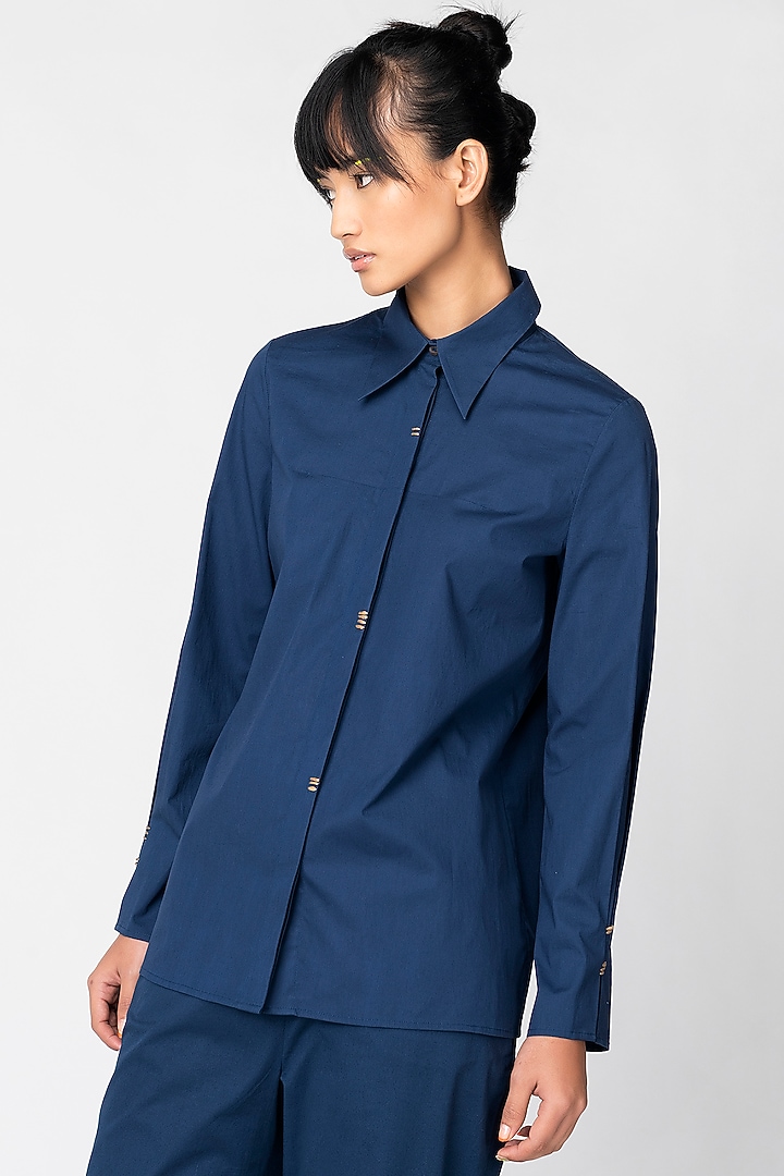 Marine Blue Cotton Shirt by Genes Lecoanet Hemant at Pernia's Pop Up Shop
