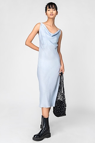 Blue Ciel Satin Embroidered Dress by Genes Lecoanet Hemant