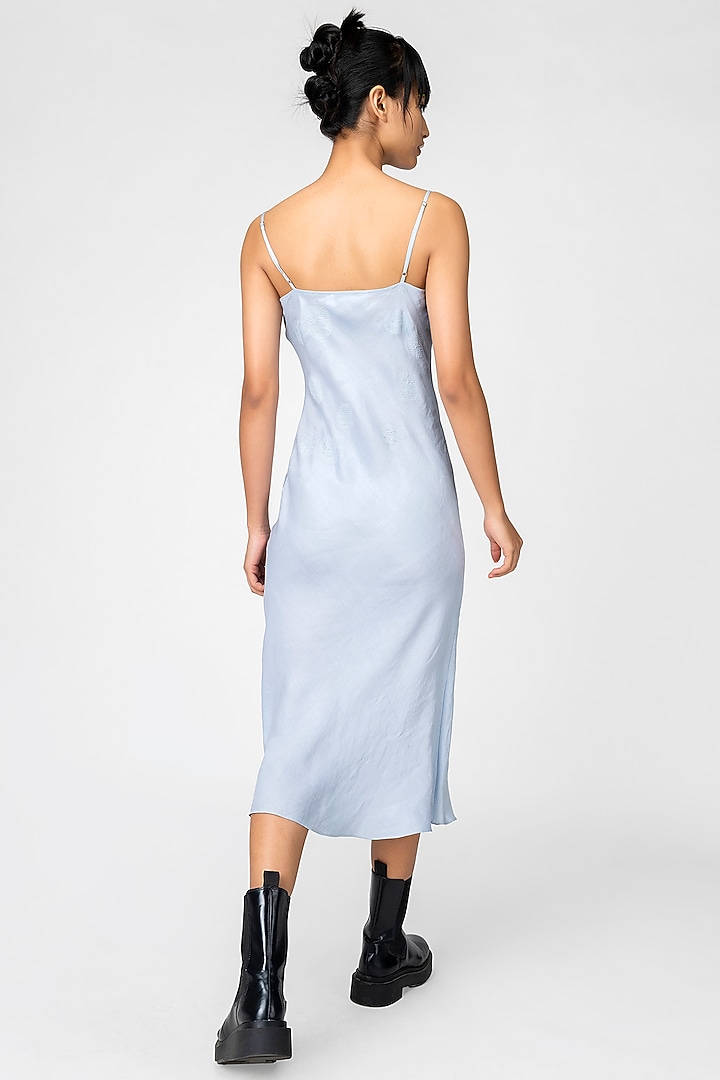 Blue Ciel Satin Embroidered Summer Dress by Genes Lecoanet Hemant at Pernia's Pop Up Shop