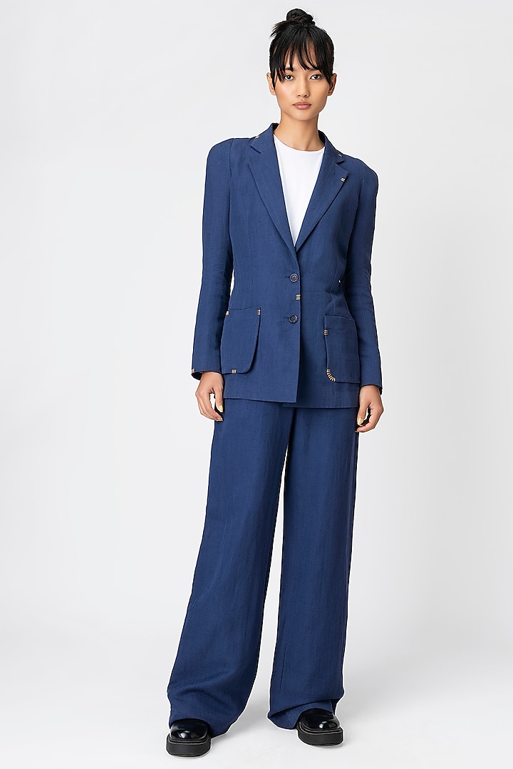 Marine Blue Flared Trousers by Genes Lecoanet Hemant