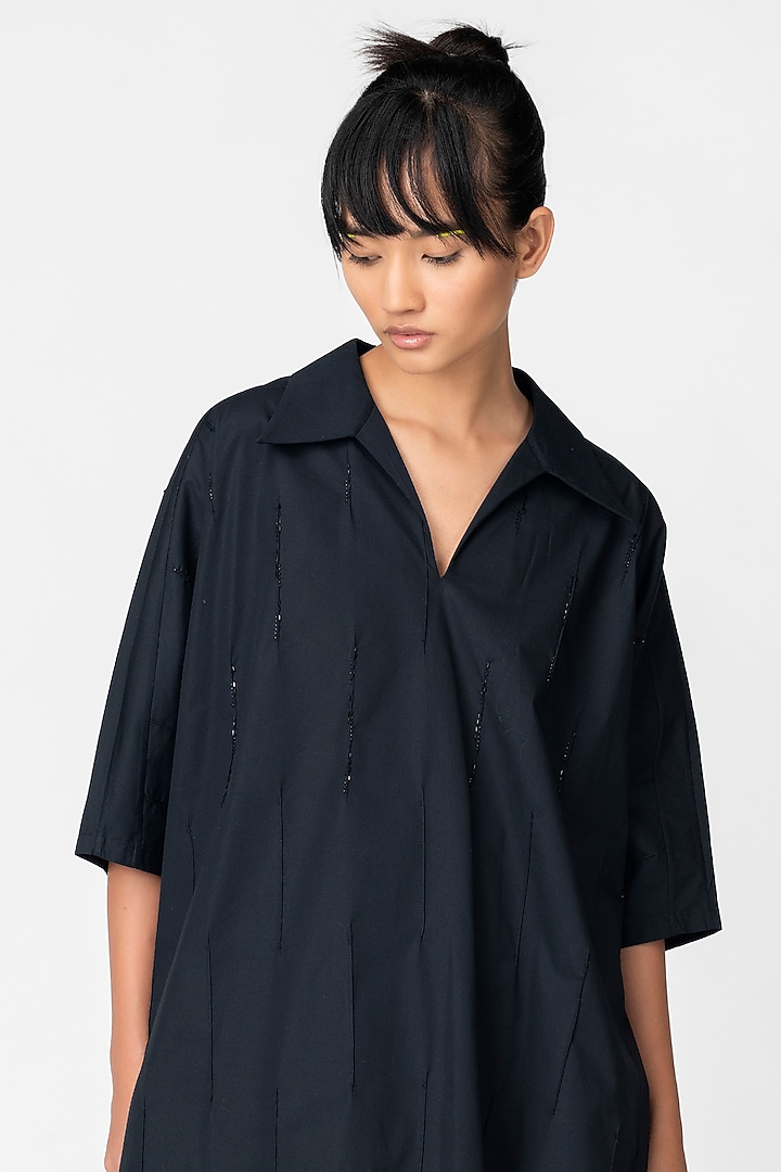 Midnight Black Cotton High-Low Shirt by Genes Lecoanet Hemant at Pernia's Pop Up Shop